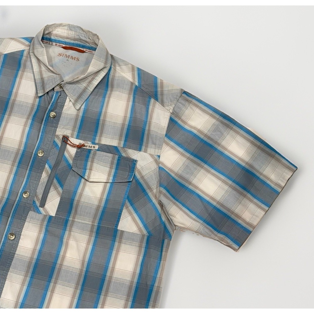 Simms Fishing Product Men XL Plaid Short Sleeve Vented Fishing Shirt Blue Gray